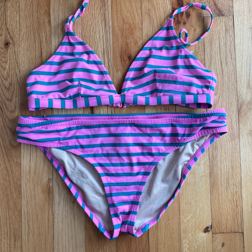 Pink and green stripped French style bikini
